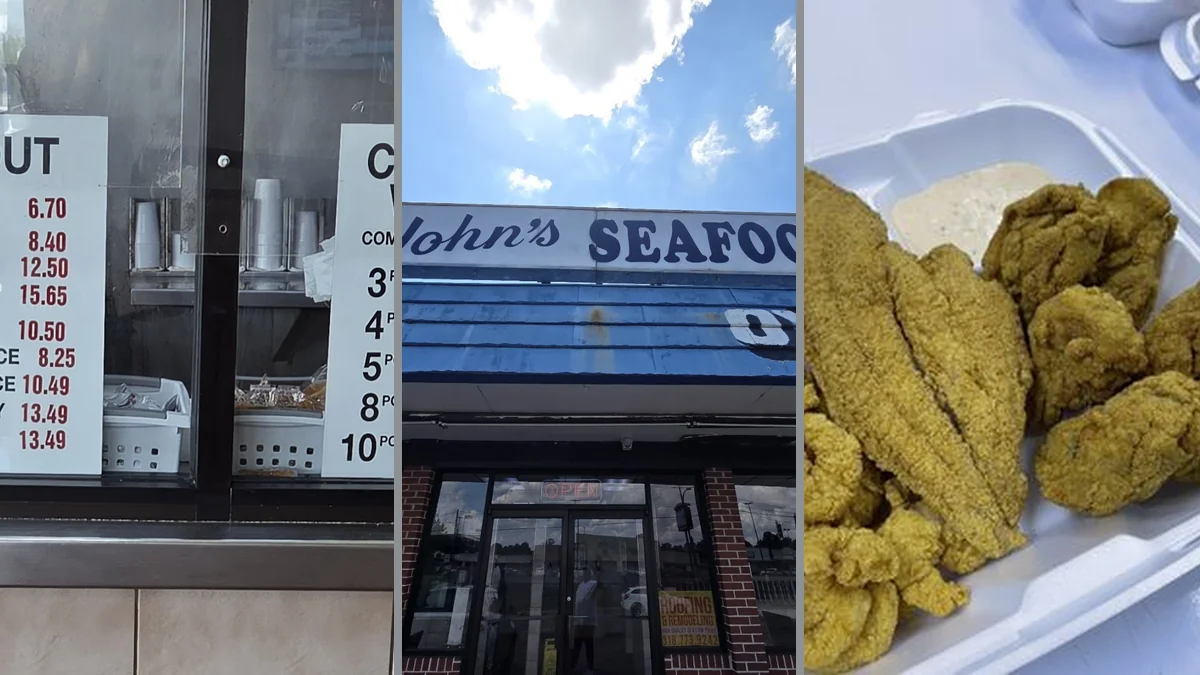 Fried seafood plates on a casual restaurant table.