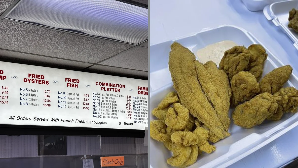 Fried seafood plates on a casual restaurant table.